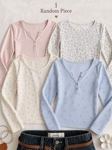 Teen Girls Casual Minimalist Fitted Crew Neck Long Sleeve Base Layer T-Shirt, Suitable For Autumn/Winter, Short Length - Multicolor - View 1