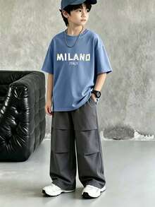 SHEIN Casuvi Kids Tween Boy Letter Print T-Shirt And Long Pants 2 Pieces Set - Multicolor - View 1