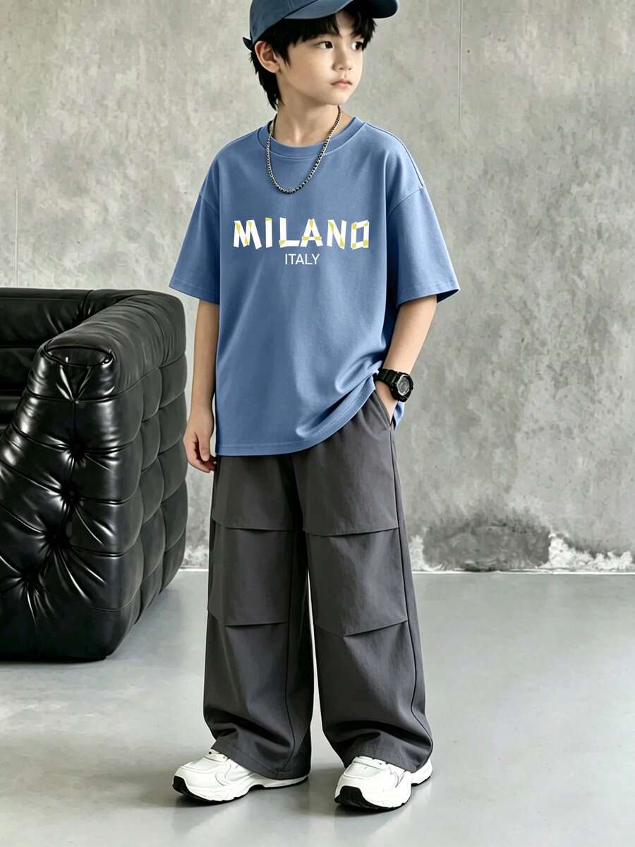 SHEIN Casuvi Kids Tween Boy Letter Print T-Shirt And Long Pants 2 Pieces Set - Multicolor - View 1