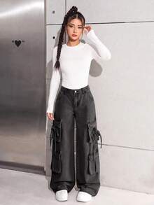SHEIN Teen Girls Grey Denim Long Cargo Jeans With Zipper And Drawstring Detail - Grey - View 3