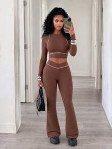 BamGleam Cropped Top & Flare Pants Sports Set - Brown - View 1