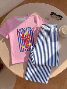 Comfortcana 2pcs Set Embroidered Round Neck Short Sleeve Top And Striped Print Pants, Casual - Multicolor - View 5