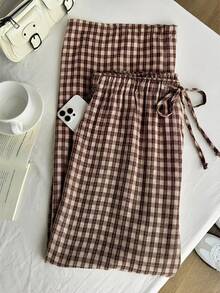 Comfortcana Chocolate Brown Summer Smart Casual Everyday Plaid Casual Pants,Loose Drawstring Waist Pleated Wide Leg Pants Plus Size Countryside Style Trousers - Brown - View 6