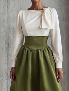 Eryvara Autumn New Patchwork Puff Sleeve Tie Neck Cinched Waist A-Line Dress, Suitable For Party, Date - Green - View 3