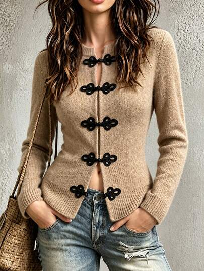 SHEIN Holidaya Autumn Chinese Style Frog Button Knit Cardigan Women Round Neck Long Sleeve Slim Fit Jacket