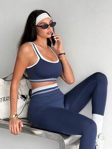Gameset SHEIN Sport Women's 2 Pieces Cropped Tank Top And Leggings Sports Set - Black and White - View 4