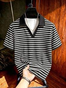 Resyla Men 男士黑白條紋 Polo 衫，經典休閒航海風，美式復古韓系簡約修身，度假夏季款 - 彩色 - 查看 5