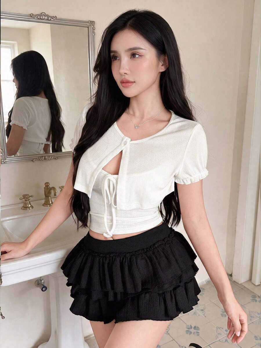 Tideelle White Short Cardigan + Camisole Top Women's Summer Design 2 Pieces Set - White - View 1
