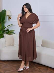 The Leen Edit Women's Elegant Summer Dark Brown Crossover Pleated Batwing Sleeve Ruffle Hem Dress,Suitable For Dining,Annual Meetings,Festivals & Formal Party Dress - Brown - View 4