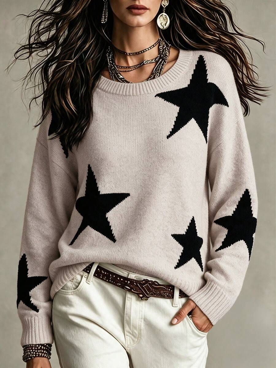 EMERY ROSE Women's Crew Neck Long Sleeve Five-Pointed Star Pattern Fashionable Soft & Elegant Sweater, Knit Pullover Fall Winter - Dusty Pink - View 1