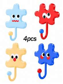 Zazumi 4pcs Cute Cartoon Puzzle Shape Self-Adhesive Wall Hooks, No Drill Colorful Decorative Sticky Hooks For Keys Bags Hanging - default - View 9