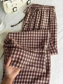 Comfortcana Chocolate Brown Summer Smart Casual Everyday Plaid Casual Pants,Loose Drawstring Waist Pleated Wide Leg Pants Plus Size Countryside Style Trousers - Brown - View 9