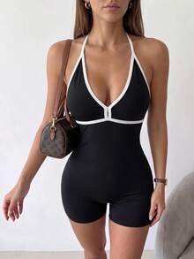 Dewbera Dewbera Women's Minimalist Striped Colorblock Halter Neck Athletic Romper - Black - View 3