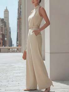 Zovinel Women's Solid Color Casual Versatile Fashion Tank Top And Wide Leg Long Pants Two Pieces Set - Apricot - View 6