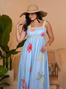The Leen Edit Women's Summer Beach Vacation Striped Print Embroidered Contrast Color Strap Dress,Summer Dresses For Women Party Elegant - Multicolor - View 2