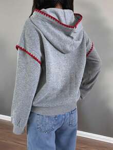 SHEIN EZwear Sudadera con capucha con estampado de araña, contraste de color y bordado de concha - Gris - Ver 5