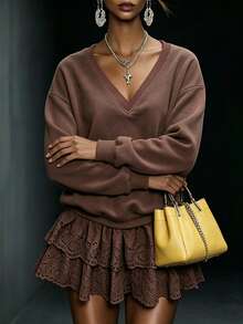 LUMIGAL Women's V-Neck Casual Versatile Daily Wear Long Sleeve Sweatshirt - Brown - View 5