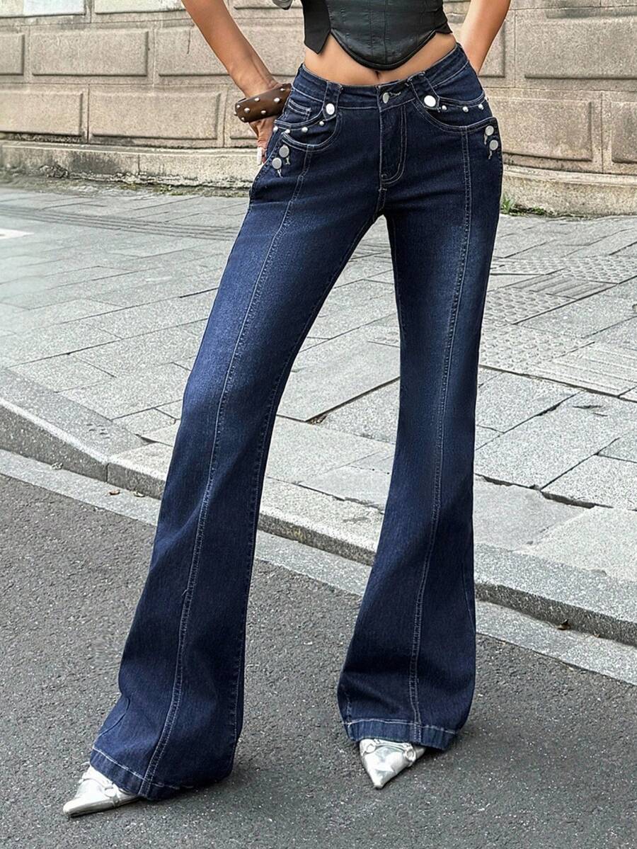 Jeanoix Y2K Women's Outdoor All-Season Low Waist Button-Front Blue Denim Jeans - Dark Wash - View 1