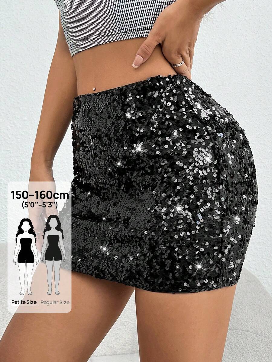 SHEIN PETITE Petite Sequin Bodycon Skirt ,Petite Women - Black - View 1