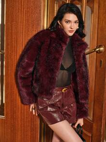 Anewsta Burgundy Faux Fox Fur Short Women's Fashion 3/4 Sleeve Fitted Winter Coat - Burgundy - View 5