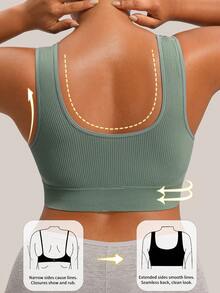 Barelissa 1pc Seamless Ribbed Solid Color Medium Support Deep U-Neck Sports Bra For Women, Wide Strap, Wire-Free Fixed Cups, Push-Up And Side-Boob Support, Daily Base Layer Camisole - Green - View 3