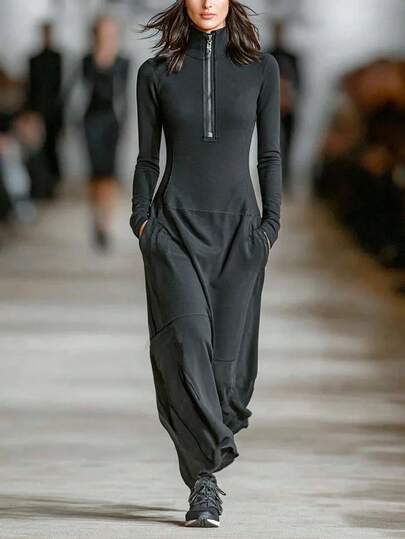 Balvessa Vestido largo elegante de mujer para otoño con cuello alto medio, unicolor, cremallera frontal semiabierta, manga larga, adecuado para deportes casuales y uso diario