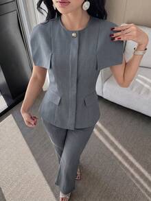 Feyla Women's Grey Blue Short Sleeve Peplum Blazer Jacket Office Siren Old Money Workwear Business Summer Fall Minimalist Casual Elegant Chic Holiday - Grey - View 5