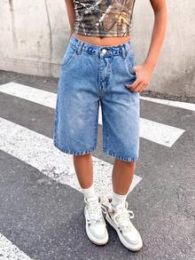 SHEIN 少女休闲日常通勤纯色百慕大牛仔短裤，夏季 - 中等水洗藍 - 查看 3