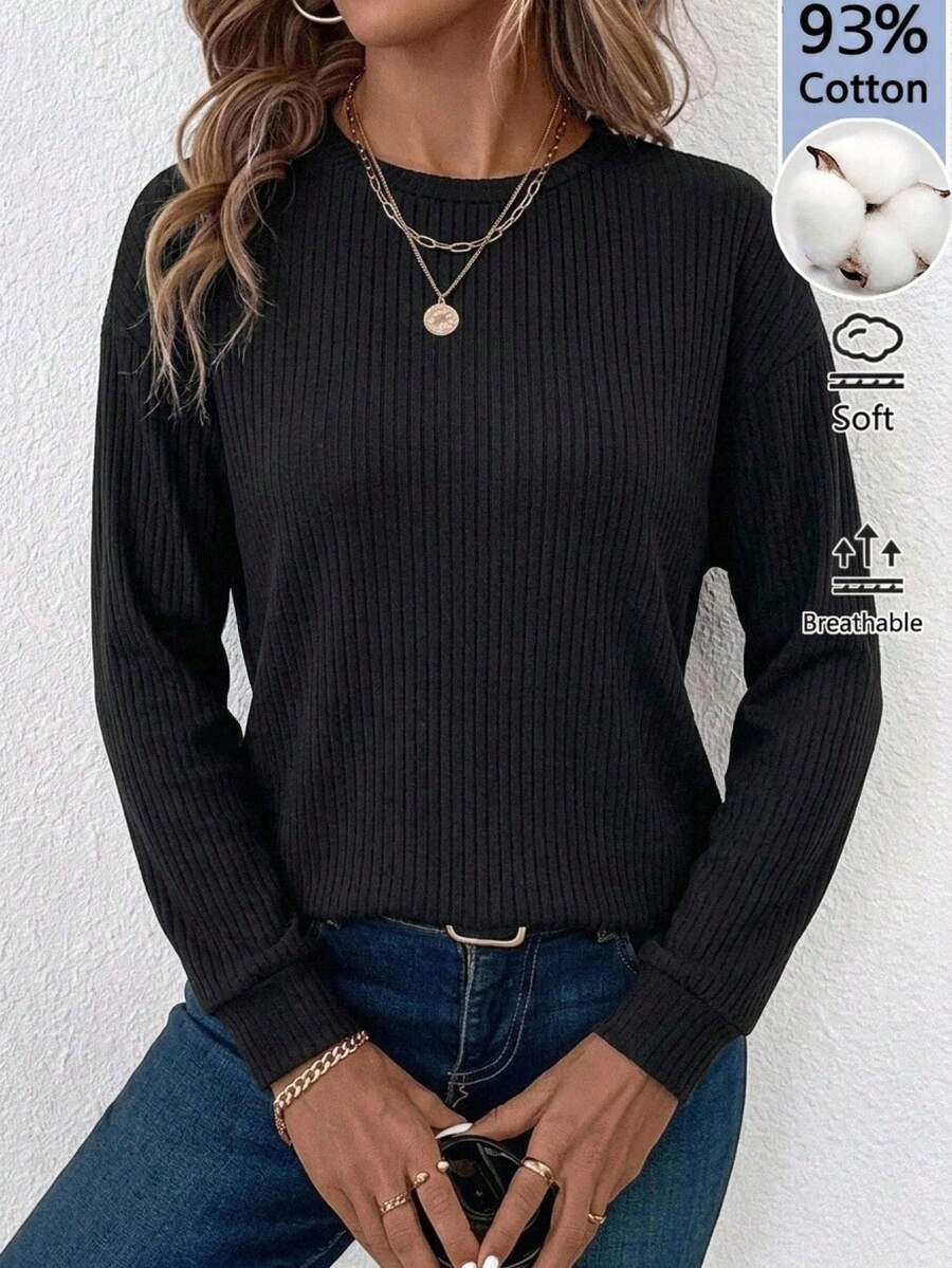 SHEIN LUNE Pure Cotton Solid Ribbed Texture Fabric Autumn/Winter Base Layer T-Shirt - Black - View 1