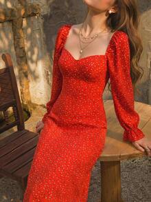 KARISMINA Women's Red Midi Dress Puff Sleeve Printed Cinched Waist Pleated Banquet Reception Banquet Celebration Festive Charming Attractive Appealing Holiday - Red - View 10