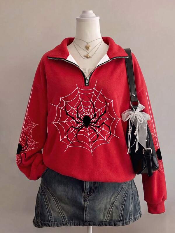 Attitoon Women's Casual Half-Zip Loose Sweatshirt, Women's Autumn/Winter Clothing, Spider Print, Streetwear, Suitable For Daily Commute, Dating, Gathering, Autumn/Winter, Summer, Party, Wedding, Beach, Graduation Ceremony, Elegant, Casual, Outing, Y2K, Music Festival Outfit, Holiday Clothing, Back To School Outfit