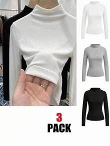 SHEIN LUNE 3 piezas de camisetas de manga larga acanaladas de color sólido para mujer - Multicolor - Ver 1