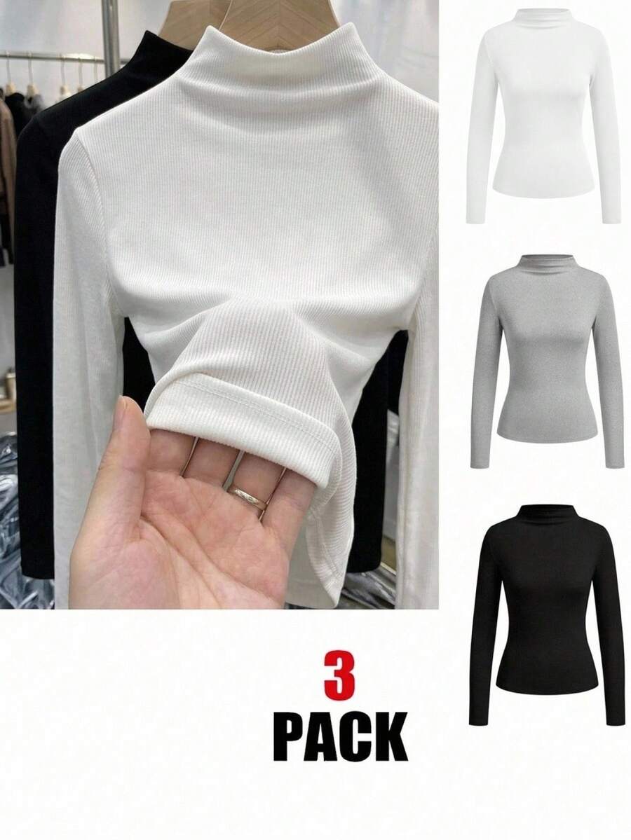 SHEIN LUNE 3 piezas de camisetas de manga larga acanaladas de color sólido para mujer - Multicolor - Ver 1