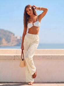CAJUNI Women's Vacation Embroidered Sheer Casual Drawstring Waist Long Pants Beach - Cream - View 3