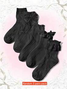 ROMWE Random 3pairs Women Solid Bow Decor Frill Crew Socks - Black - View 5