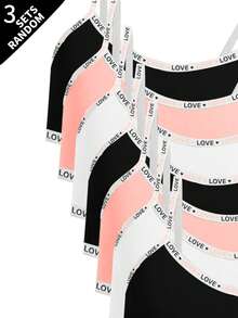 7 Sets Random 3 Pieces Tween Girls' Simple Basic Solid Color Letter Contrast Camisole Top & Shorts Underwear Set - Multicolor - View 6