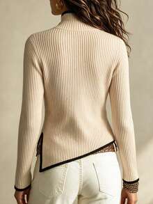 SHEIN Sweater Rajut Bergaris Wanita, Kerah Tinggi dengan Trim Kontras, Potongan Ramping, Lengan Panjang, Hem Tidak Beraturan, Elegan - Aprikot - View 2