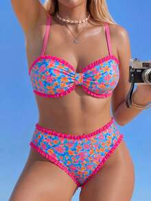 Swim Mod Plus Size 2pcs Swimwear Set With Random Print & Solid Rose Red Color Block, Lace Trim, Back Tie Bow - Multicolor - View 1