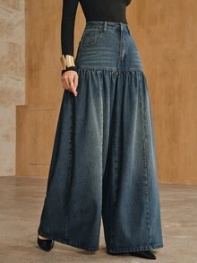 Anewsta Women's New Fashion Design Patchwork Vintage Nostalgic Washed Blue Jeans Wide Leg Pants - Blue - View 3
