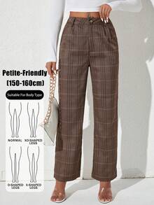 SHEIN PETITE 格紋印花高腰長褲，秋冬款，小個女款 - 咖啡棕 - 查看 1