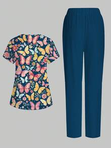 PopScrub 2pcs/Set Seragam Kerja Kasual Motif Kartun Kupu-kupu & Tanaman, Atasan Kerja Wanita Model V-Neck Lengan Pendek dengan Saku dan Desain Belahan, Celana Panjang Lurus Warna Hijau Tua, Musim Semi/Panas - MultiWarna - View 2