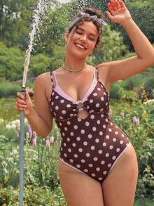 Swim Mod 2026 New Spring/Summer Plus Size One-Piece Polka Dot Random Print Large Scoop Neck Front Center White Ring Design Dual-Color Detachable Shoulder Strap Women's Swimsuit Suitable For Beach Vacation Wear - Multicolor - View 5