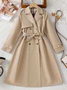 SHEIN Tween Girls Back To School Vintage Khaki Double-Breasted Belted Lapel Collar Midi Coat Fall Winter - Khaki - View 6
