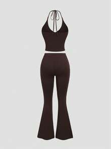 Sweetra Women's 2 Pieces Set Camisole Top And Bow Long Pants, Slimming Elegant Vacation Style - Brown - View 4