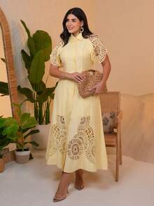 The Leen Edit Women's Single-Breasted Hollow-Out Patchwork Long Shirt Dress Elegant Summer - Yellow - View 4