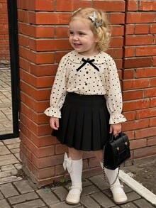 SHEIN LMoss Kids 女嬰編織純色百褶裙 - 黑色 - 查看 6