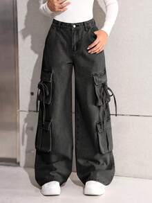 SHEIN Teen Girls Grey Denim Long Cargo Jeans With Zipper And Drawstring Detail - Grey - View 5