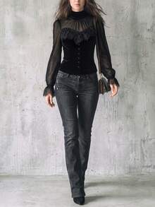 LUMIGAL Women's Mesh & Velvet Patchwork Lace Waist-Cinching Top, Spring/Autumn Vintage Gothic - Black - View 3