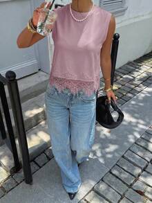 Siren Gaze Women's Solid Color Contrast Lace Hem Tank Top, Spring/Summer New Style - Mauve Purple - View 3
