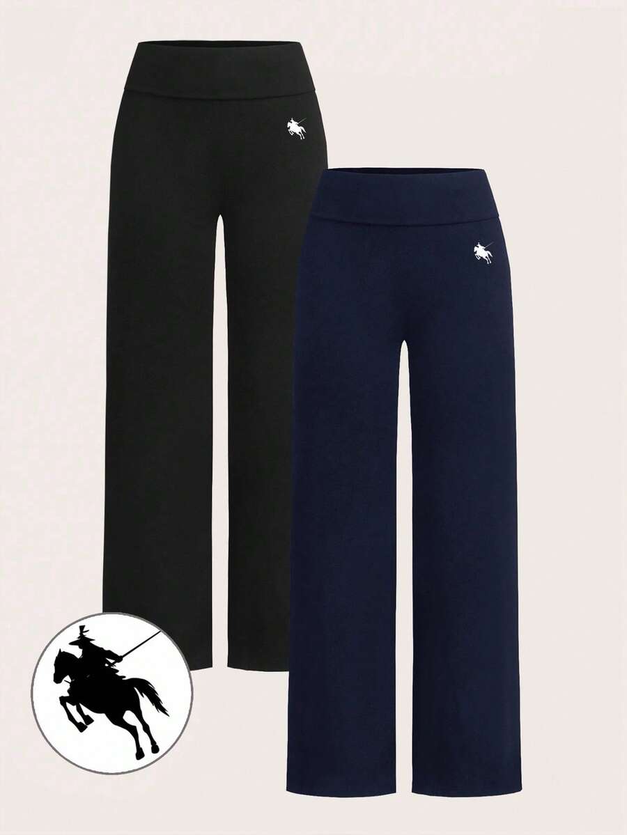 SHEIN EZwear 2件組女款休閒極簡高腰摺疊寬腿直筒長褲,適合夏季,小馬印花圖案 - 彩色 - 查看 1
